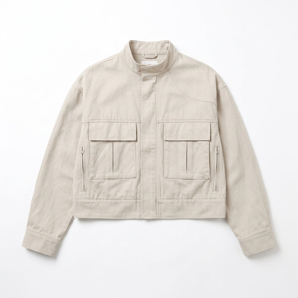 Cemllorar™ Unisex Cropped Utility Jacket – Boxy Cotton Canvas Workwear Coat with Oversized Frame Pockets