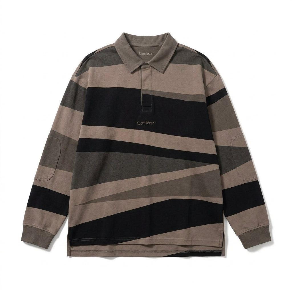 Cemllorar™ Unisex Oversized Rugby Shirt – Irregular Stripe Heavyweight Cotton Long-Sleeve Polo Top