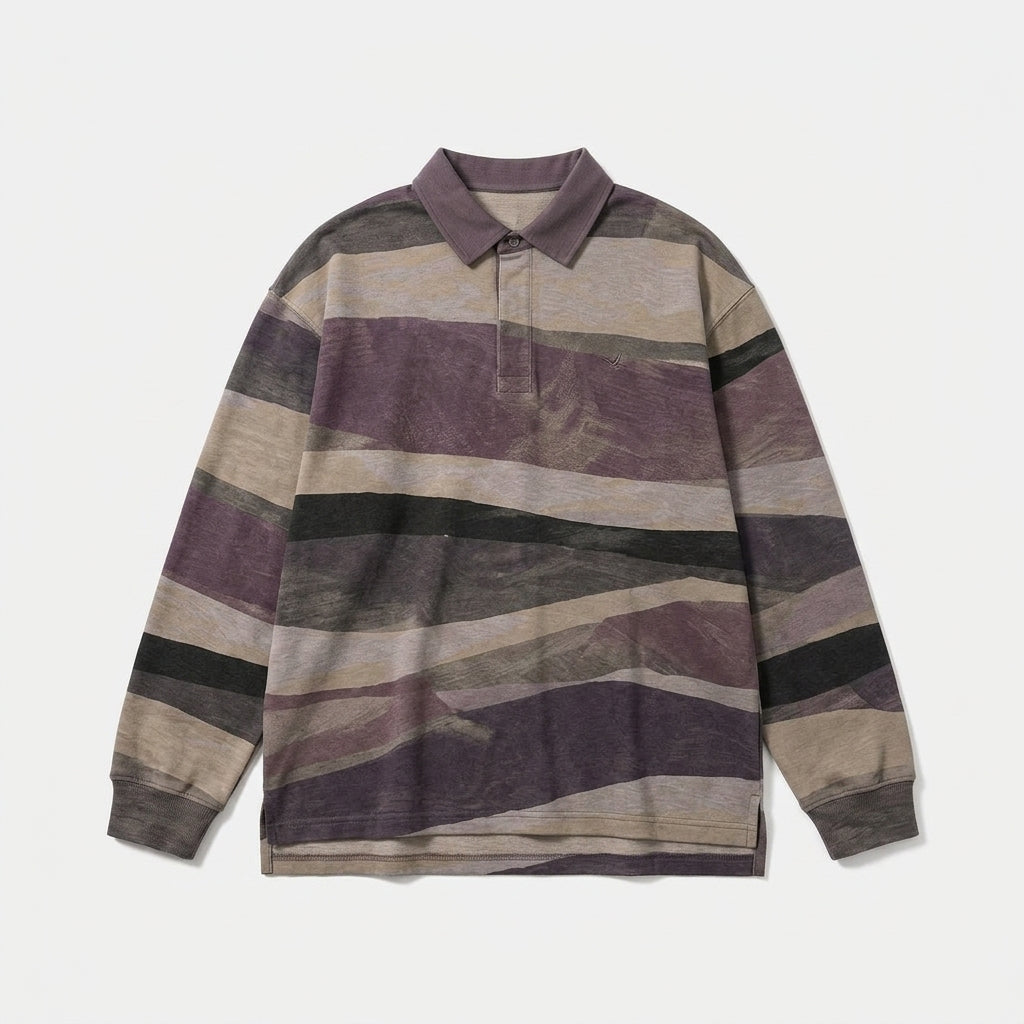Cemllorar™ Unisex Oversized Rugby Shirt – Irregular Stripe Heavyweight Cotton Long-Sleeve Polo Top
