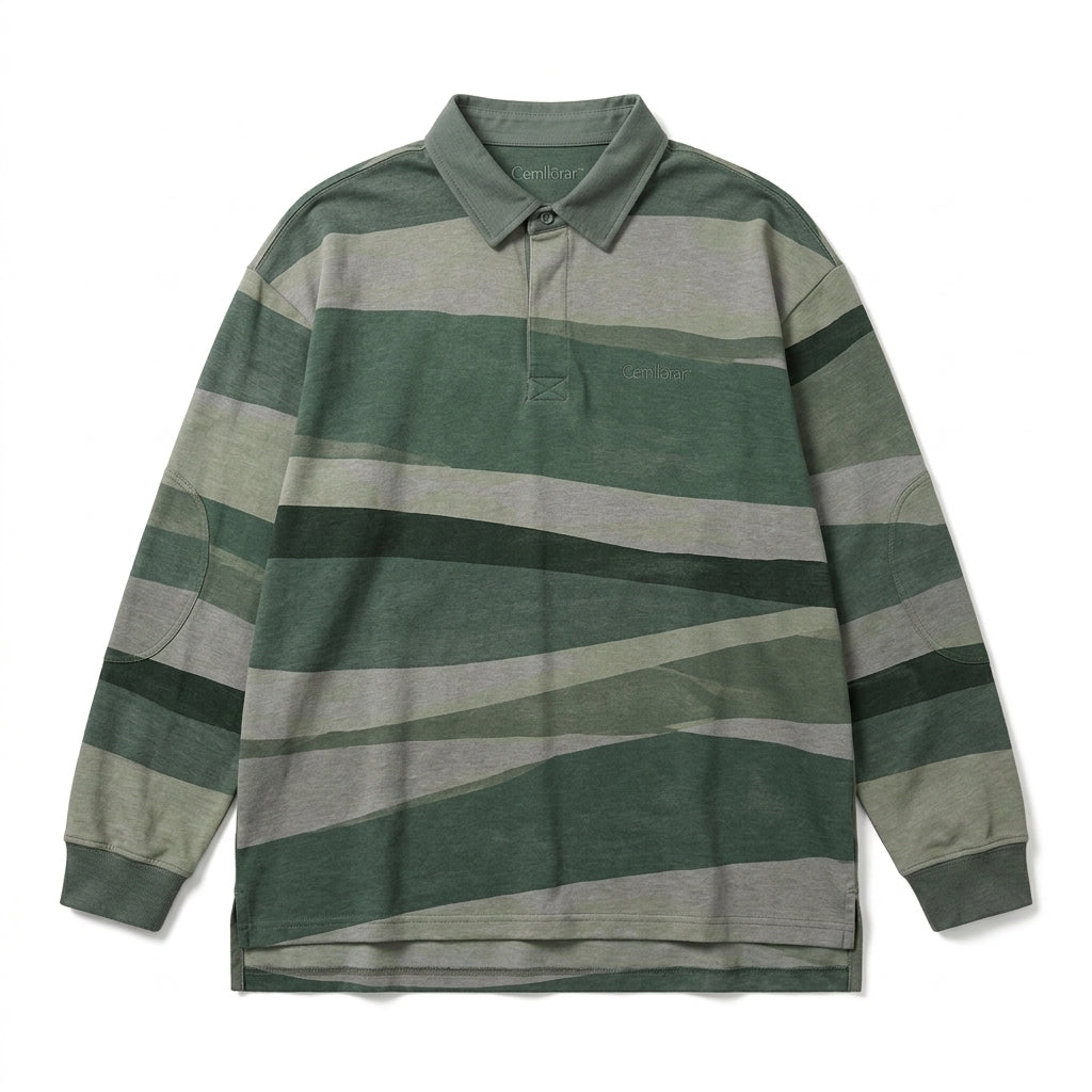 Cemllorar™ Unisex Oversized Rugby Shirt – Irregular Stripe Heavyweight Cotton Long-Sleeve Polo Top