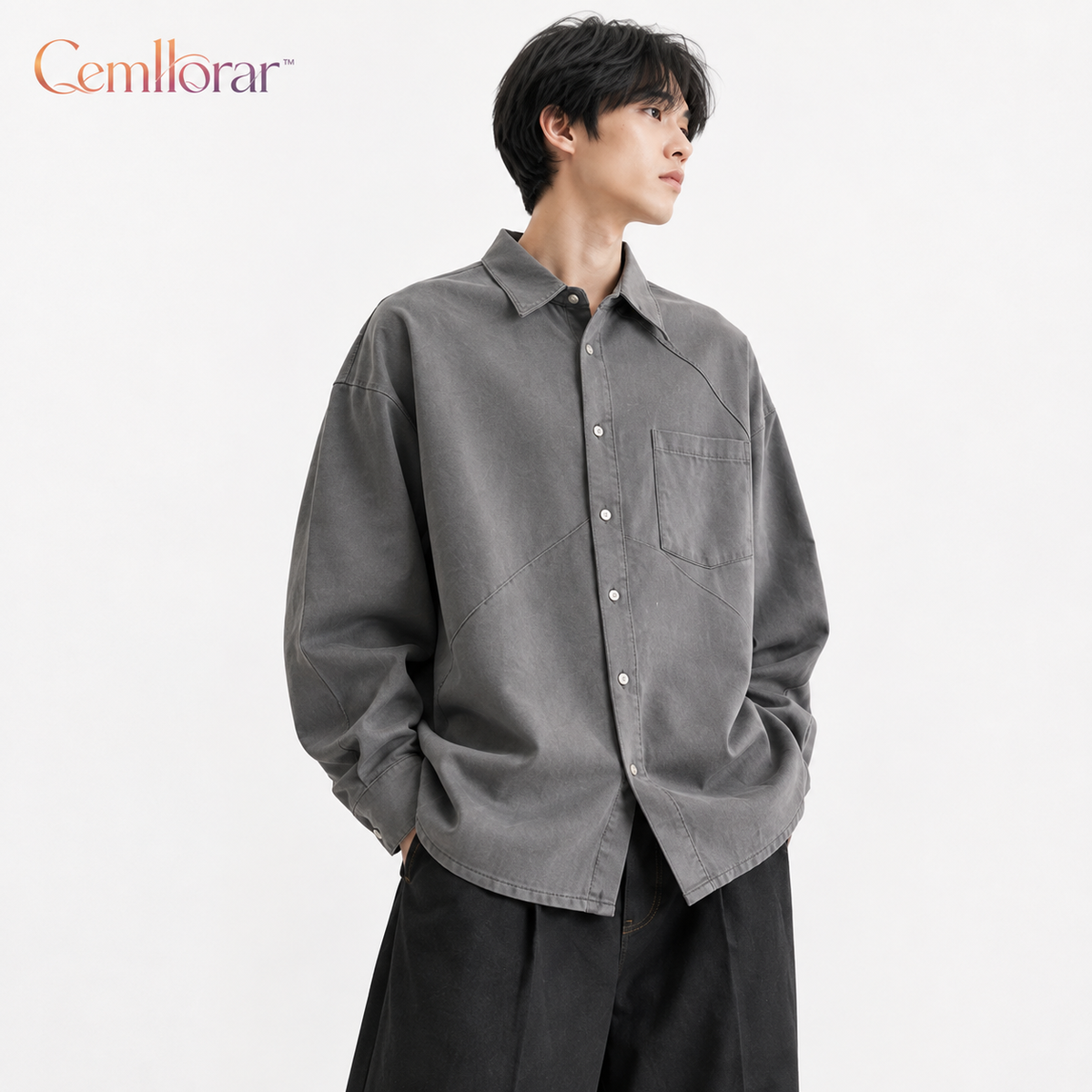 Cemllorar™ Unisex Oversized Utility Overshirt – Curved Seam Cotton Shirt Jacket, Minimalist Workwear Layer