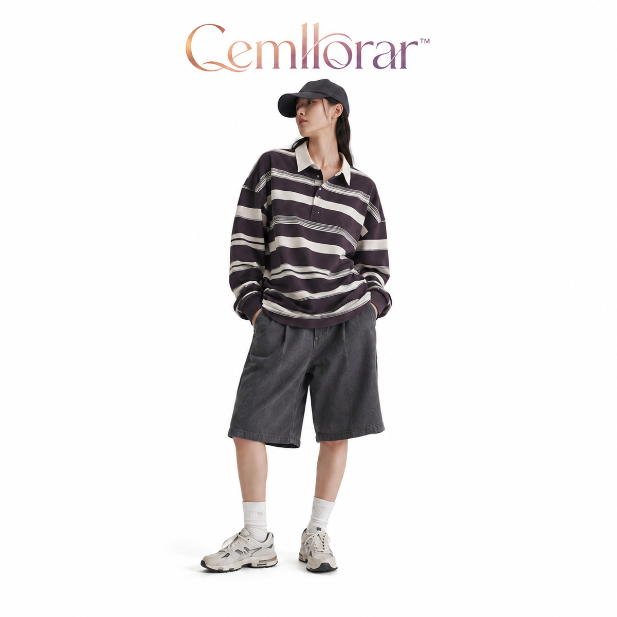Cemllorar™ Unisex Oversized Rugby Shirt – Irregular Stripe Heavyweight Cotton Long-Sleeve Polo Top