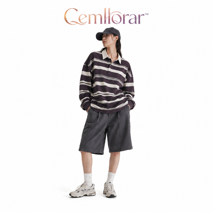 Cemllorar™ Unisex Oversized Rugby Shirt – Irregular Stripe Heavyweight Cotton Long-Sleeve Polo Top