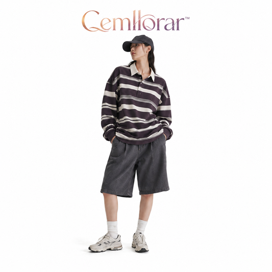 Cemllorar™ Unisex Oversized Rugby Shirt – Irregular Stripe Heavyweight Cotton Long-Sleeve Polo Top