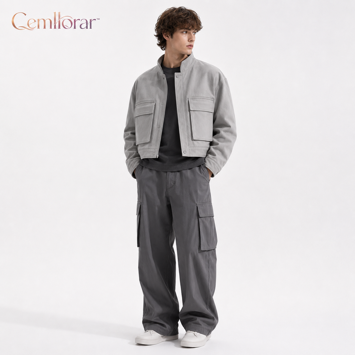 Cemllorar™ Unisex Cropped Utility Jacket – Boxy Cotton Canvas Workwear Coat with Oversized Frame Pockets