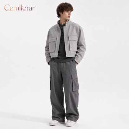 Cemllorar™ Unisex Cropped Utility Jacket – Boxy Cotton Canvas Workwear Coat with Oversized Frame Pockets