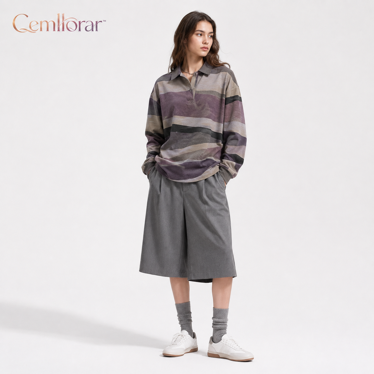 Cemllorar™ Unisex Oversized Rugby Shirt – Irregular Stripe Heavyweight Cotton Long-Sleeve Polo Top