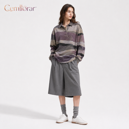 Cemllorar™ Unisex Oversized Rugby Shirt – Irregular Stripe Heavyweight Cotton Long-Sleeve Polo Top